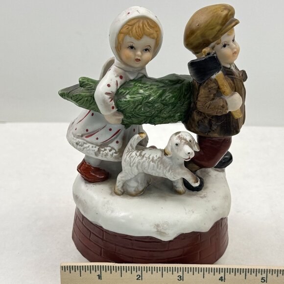 Vintage Ceramic Christmas Music Box "Oh Christmas Tree" Children Dog Rotating 7" - Picture 11 of 12